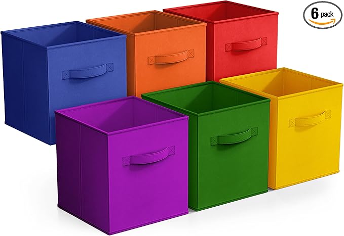 Sorbus 11 Inch Fabric Storage Cubes - Sturdy Collapsible Bins With Handle - 6 Foldable Baskets for Organizing Clothes, Toys, Books - Multi Colored Storage Baskets for Shelves, Kids Room, Closets
