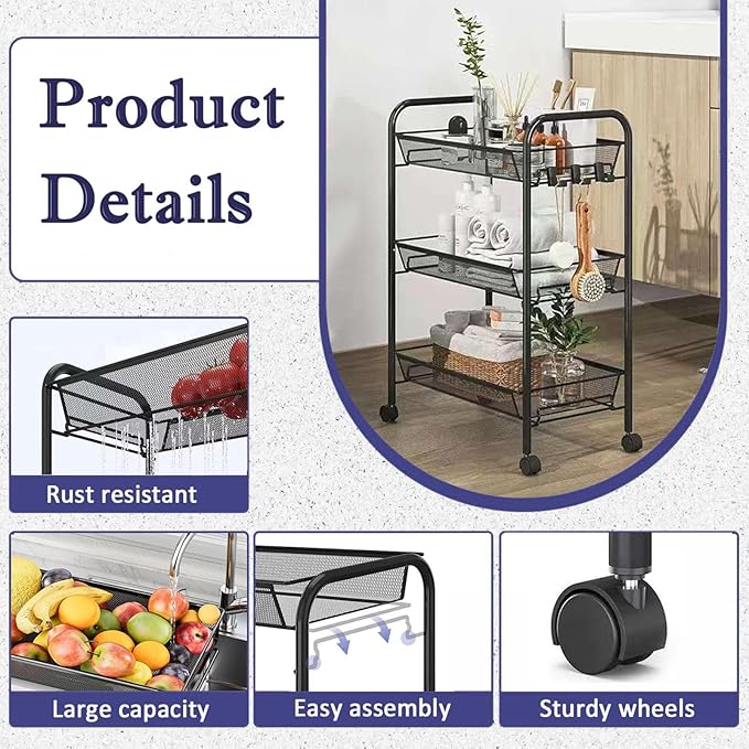 3 Tier Rolling Cart for Bathroom - Lightweight Metal Wire Storage Organizer with Wheels, Holds Toiletries & Cosmetics, Tool-Free Assembly, Black