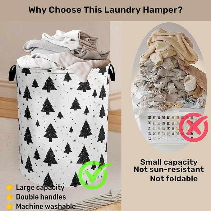Pine Tree Stars Foldable Canvas Laundry Basket with Handles - Toy Organizer, Heavy Duty for Home，Bedroom, Dorm, Bathroom