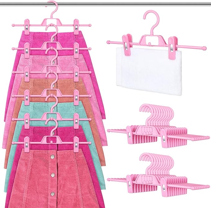 20 Pcs Pink Skirt Hangers with Clips Space Saving Skirt Hangers for Women Hanging Closet Organizers with 360° Swivel Hook Clothes Storage for Skirts Dresses Legging Trouser Jeans