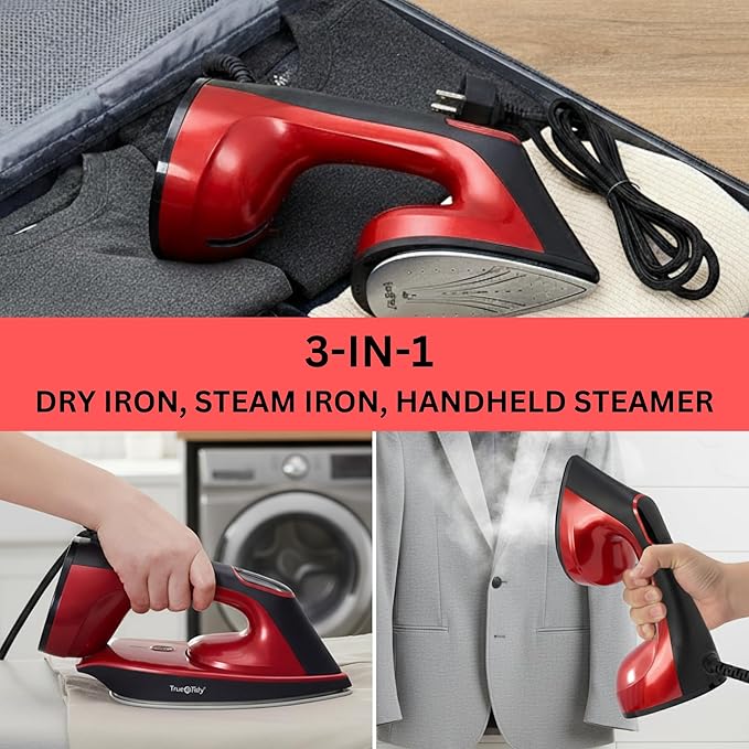True & Tidy 2-in-1 Iron and Handheld Steamer, 1600W Dual Heating System with Ceramic-Coated Plate, LCD Display, No-Drip Technology, 3 Fabric Modes, Portable Garment Steamer for Home & Travel