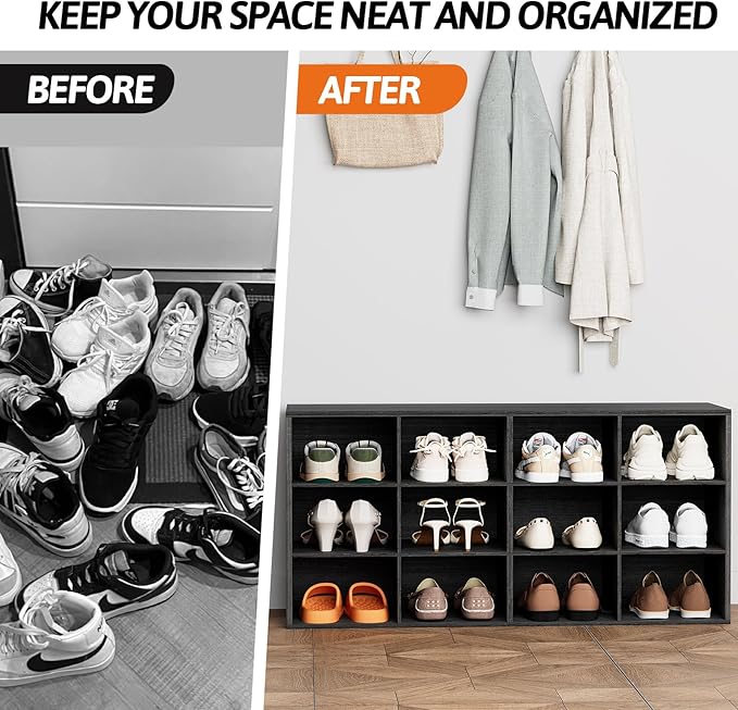 12-Cubby Shoe Rack, 3-Tier Wood Shoe Organizer, Multifunctional Shoe Organizer Bench for Entryway, Mudroom, Hallway, Closet,36.22 * 11.81 * 17.72 Inch,Black