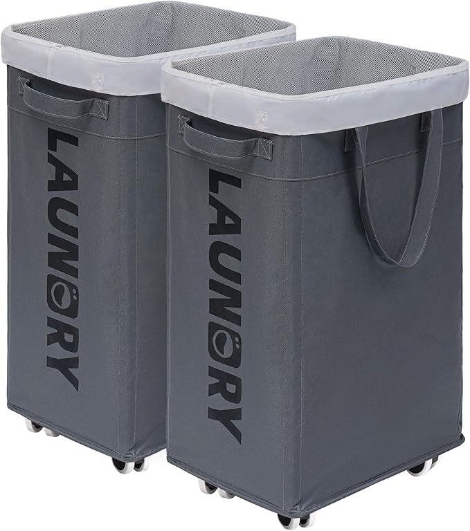CHICVITA 2-Pack Hamper with Wheels, 75L Large Laundry Baskets with Removable Wash Bags, Foldable Laundry Baskets with Slim Design for Corner Dorms, Rolling Laundry Hamper on Wheels, Grey