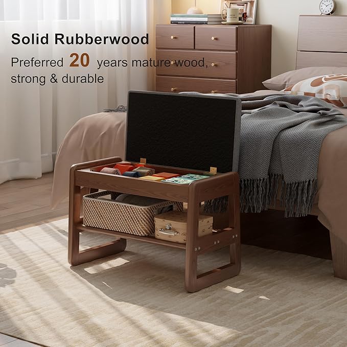 AQIMUELE Small Shoe Rack Bench,2 Tiers Shoe Bench with Storage with Flip-Top,Wood Shoe Rack for Entryway,Hallway（Walnut Upholstered Seat）