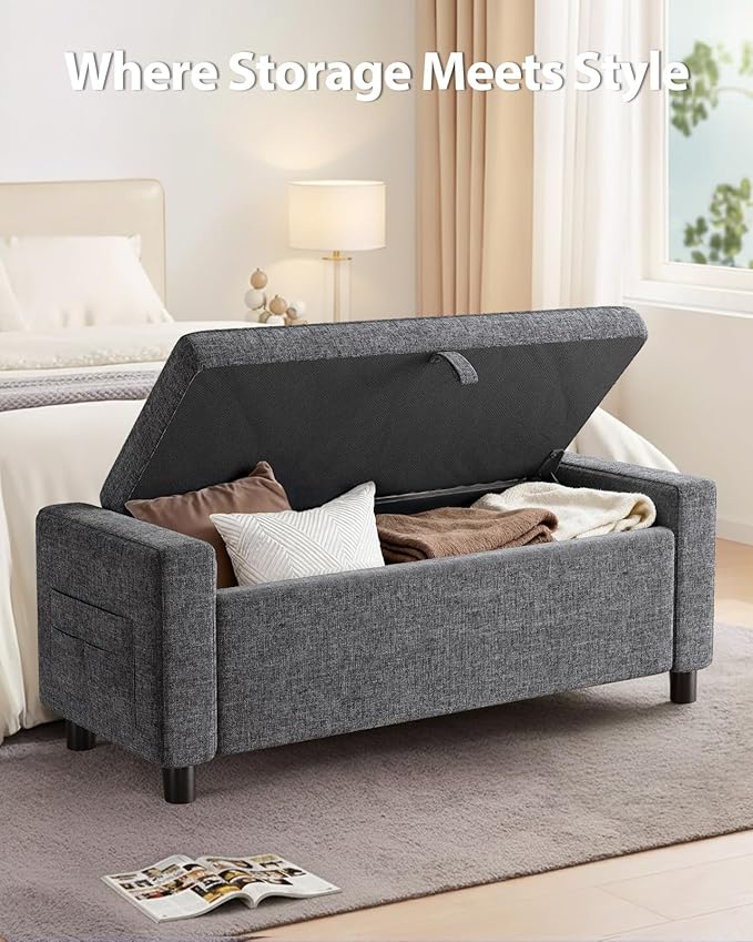 Amada 46" Ottoman with Storage,Storage Ottoman Bench with Safety Hinge, Hidden Compartment & Side Pocket, 400 lbs Weight Capacity, end of Bed/Entryway Bench for Bedroom/Living Room, Dark Gray