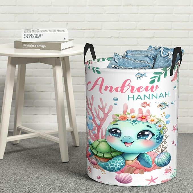 Personalized Ocean Turtle Laundry Basket For Baby Kids Boys Girls Adult Custom Hamper Basket With Name For Bathroom Bedrooms Collapsible Baby Laundry Basket, Dirty Clothes Hamper With Handles