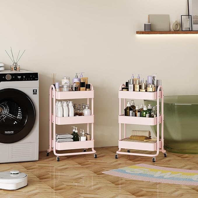 MIOCASA 3-Tier Metal Utility Rolling Cart, Heavy Duty Multifunction Cart with Lockable Casters, Easy to Assemble, Suitable for Office, Bathroom, Kitchen, Garden