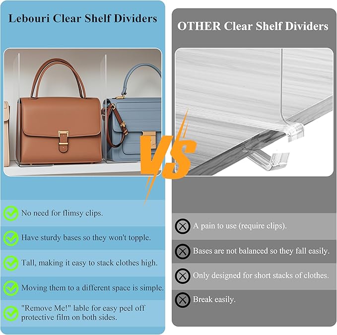 Shelf Dividers for Closet Organization: 12" Tall x 12" Deep Acrylic Shelf Dividers for Clothes Sweater Purse - Clear Closet Organizers and Storage Separators for Shelves, 8Pack
