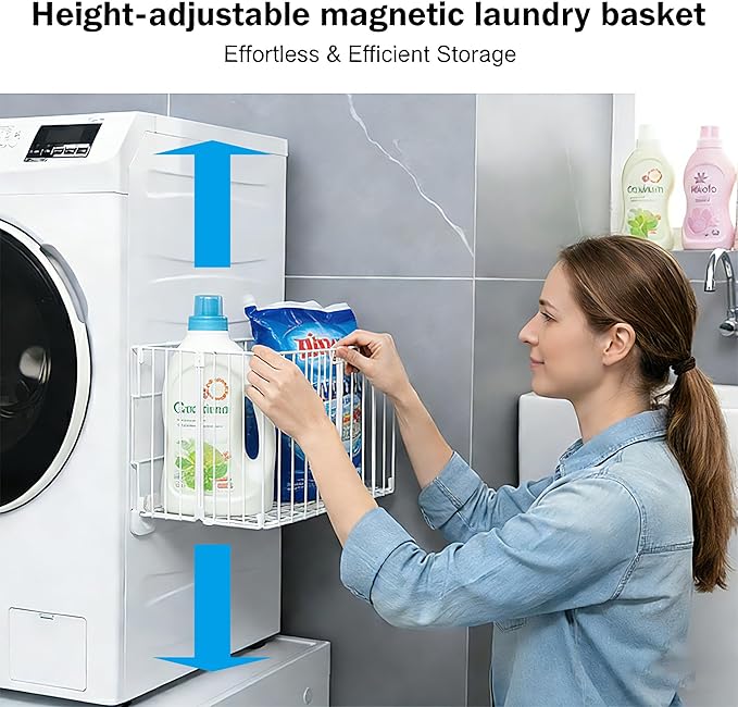 Magnetic Collapsible Laundry Basket, Foldable Metal Laundry Hamper for Washing Machine Side, Space Saving Pop Up Hamper, Laundry Room Organization and Storage (White)