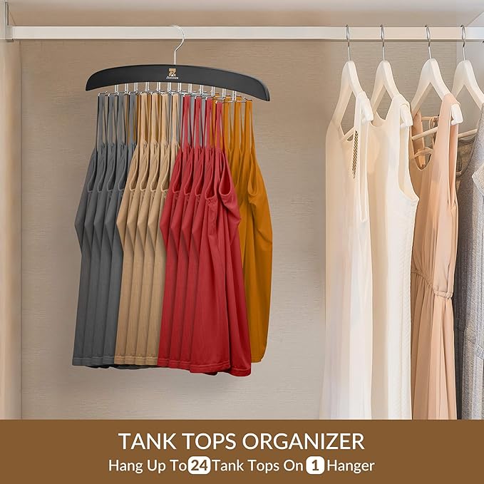 ZEDODIER Tank Top Hangers, Bra Organizer for Closet, 24 Storage Capacity, Non-Slip Hanging Tie Holder Closet Organizer and Storage for Camisoles Tank Tops Bras Ties Swimsuits Strappy Dress, Black