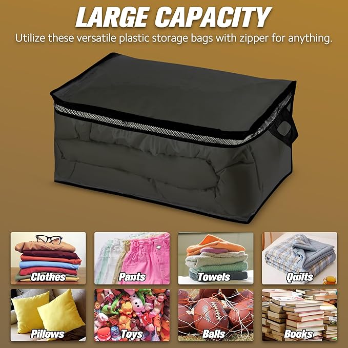 HIBAG 20 Gallon Large Storage Bag for Clothes, Zipper Clothing Storage Bag Organizer with Handles, for Comforters Blankets Pillows Bedding (Black, 2 Pack)