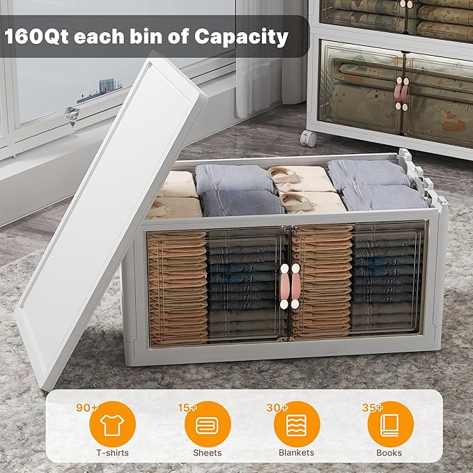 Extra Large Stackable Storage Bins, Lockable Storage Bins with Lids, Folding Storage box with Doors and Wheels, Collapsible Plastic Drawers for Home, Garage, Office (1, White, Extra Large)