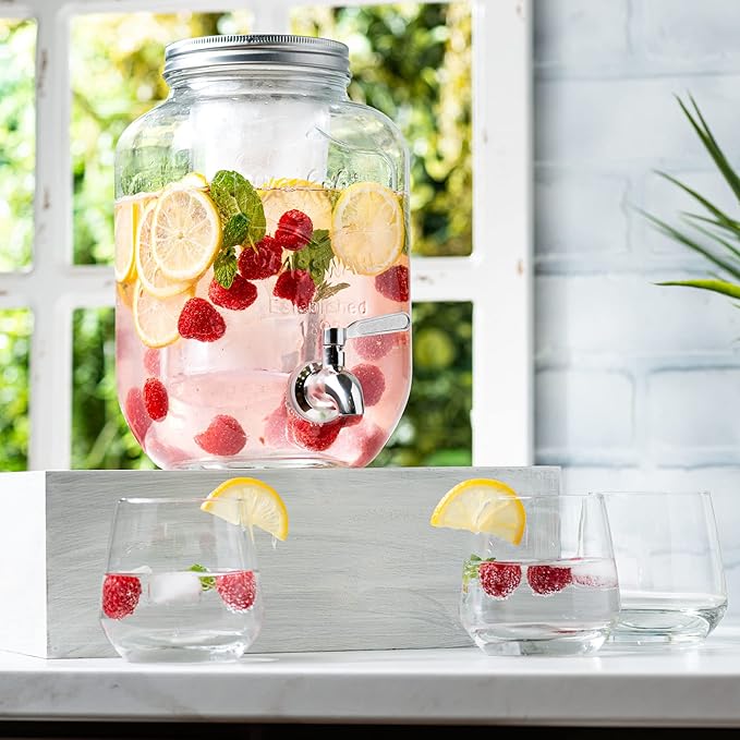 Le’raze 1 Gallon Glass Water Dispenser with Stainless Steel Spigot + Marker & Chalkboard, & Ice Cylinder - 100% Leakproof Beverage Mason Jar Drink Dispenser Gallon Jug - Laundry Detergent Holder.