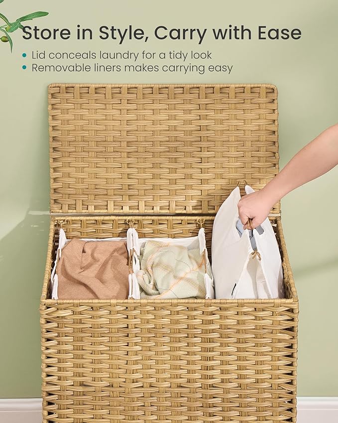 SONGMICS Laundry Hamper with Lid, 42.2 Gal. (160 L) PE Rattan Laundry Basket with Lid and Handles, Natural Material,Removable Machine Washable Liner, Goose Yellow ULCB223YE01