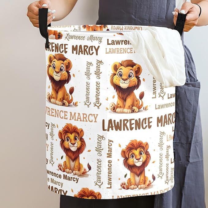 Large Custom Name Laundry Hamper, Lion Personalized Dirty Clothes Hamper Storage Basket with Name for Bathroom Bedrooms, Customized Name Circular Hamper with Handles for Baby Boys Girls Men Women