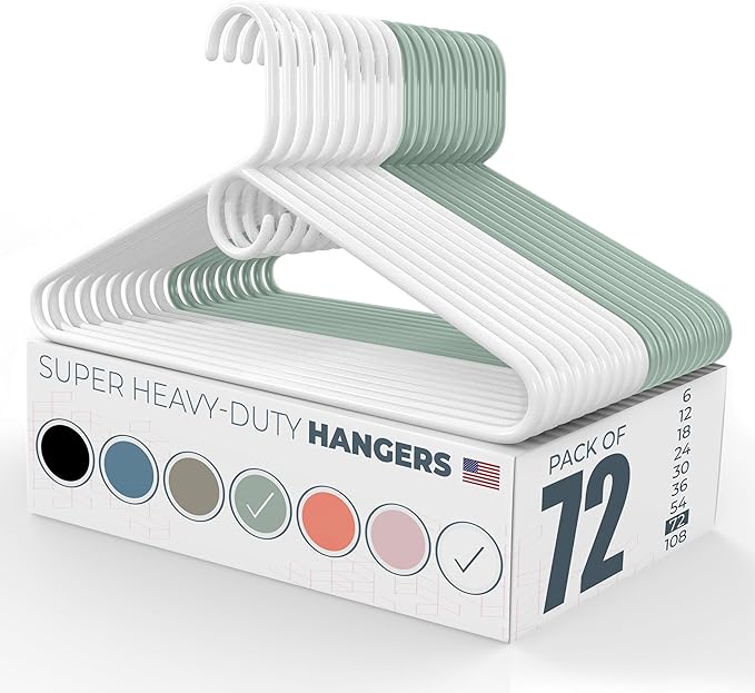 Neaties Super Heavy Duty Clothes Hangers 50+ Pack (72 Count) – Made in the USA - 10lb Capacity, Thick Plastic Hangers for Pants, Coats, Jackets, Jeans and Adult Clothing – White & Mint