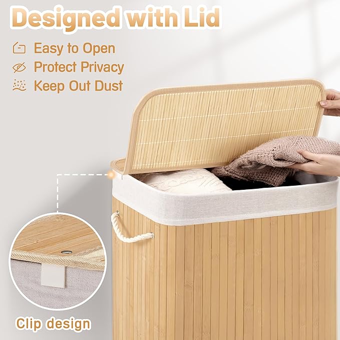 72L Slim Laundry Hamper with Lid, Foldable Bamboo Clothes Laundry Basket with Handles, Removable and Machine Washable Liner, for Bedroom, Bathroom, Dorm, Natural Beige