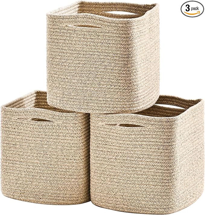 11 Inch Cube Storage Bins, Organizing Bins for Cube Organizer, Storage Baskets for Organizing, Woven Storage Basket for Shelves, Cotton Rope Toy Baskets Storage Kids, Brown (Pack of 3)