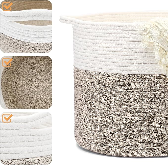 Laundry Hamper,Blanket Basket in Living Room Decor,Pure Cotton Rope Woven Basket for Dirty Clothes,Storage Basket for Nursery Bin,Baby Toy Storage,15.5 * 13.5 inches-40L White & Brown Mixed