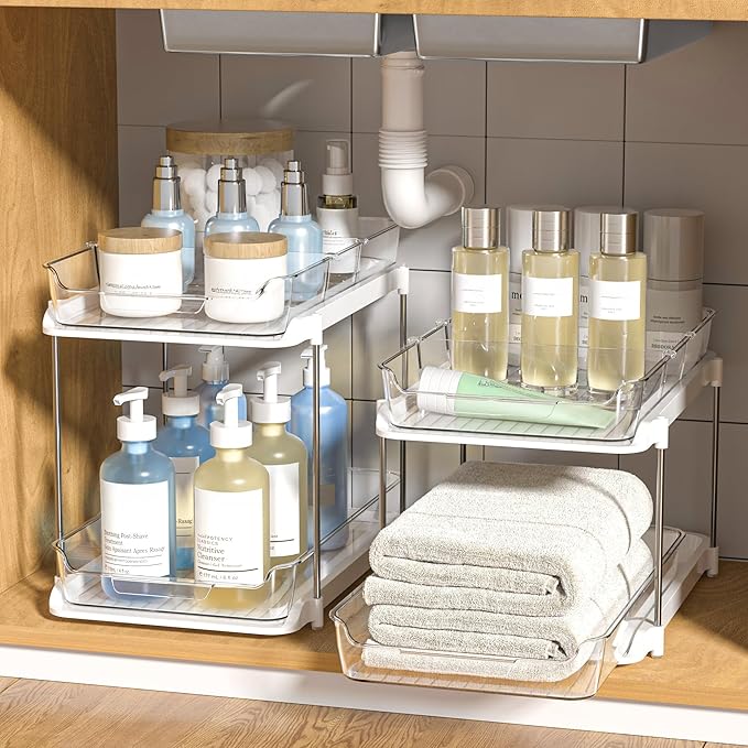 Delamu 2-Tier Multi-Purpose Bathroom Under Sink Organizers and Storage, Stackable Kitchen Pantry Organization, Pull Out Medicine Cabinet Organizer with Movable Dividers, White, 4Pack