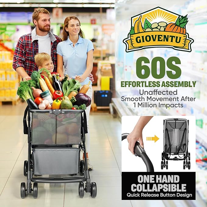 𝐍𝐞𝐰𝐥𝐲 𝐔𝐩𝐠𝐫𝐚𝐝𝐞𝐝 Folding Shopping Cart, 80lbs Collapsible Grocery cart with Removable Basket and 360° Swivel Wheels, Single-hand Fold, Portable Personal Stroller Shopping Cart for Groceries