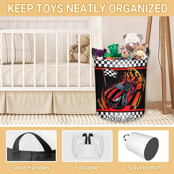 Personalized Car Racing Laundry Basket, Custom Laundry Hamper With Name Gifts For Kids Baby Adults, Collapsible Dirty Clothes Storage Organizer With Handles M 19.6 X 15.7in