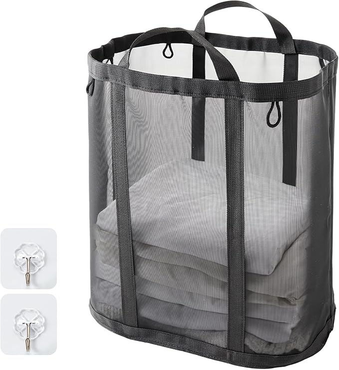 Mesh Laundry bag with Handles, 42L Collapsible Laundry Basket with 2 Hooks, Wall-Mounted Foldable Laundry Hamper Hanging for Bathroom, Dorm or Travel (Black, 1 Pack）