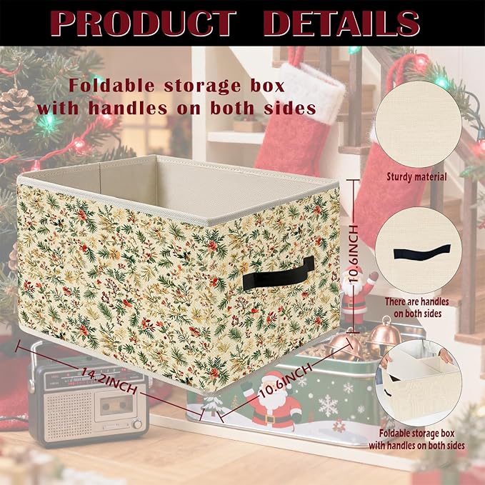 Christmas Floral Storage Bin Box with Handles, Rustic Holiday Floral Botanical Christmas Foldable Organizer Basket Toybox for Home Bedroom Bathroom Clothes Toys Books