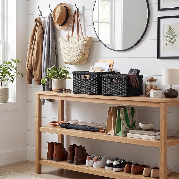 StorageWorks Wicker Basket with Handle, Wicker Storage Baskets for Organizing, Decorative Storage Baskets for Shelves, Paper Rope, Black, 2-Pack