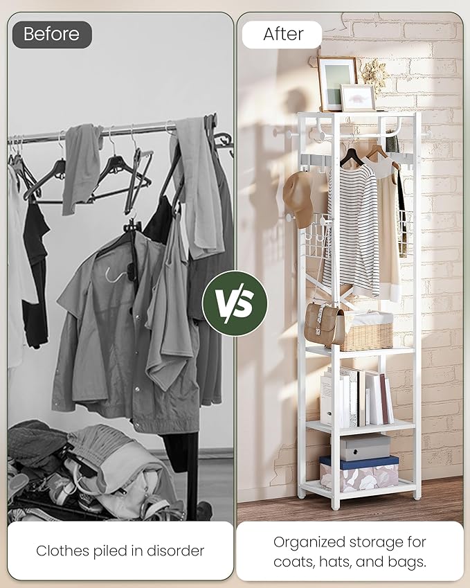 Coat Rack with Shelves, Freestanding Hall Tree, Coat Tree with 16 Hooks and Hanging Rail, Industrial Clothes Stand for Entryway, Hallway, Bedroom, White TYM18WB