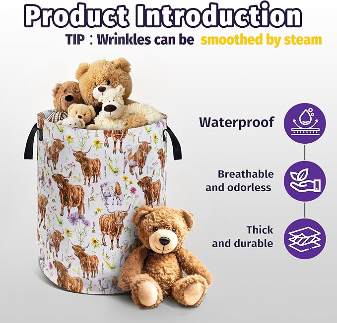 Cows Flowers Laundry Basket Foldable Oxford Cloth With Handle Portable Highland cattle Storage Basket Organizer Suitable For Laundry Room/Bedroom/Living Room/Children'S Room (18.9 X 16.5 Inch)