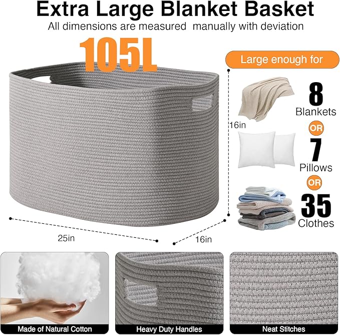 Large Grey Storage Basket, Blanket Baskets for Living Room, Large Toy Basket for Storage, Woven Cotton Rope Baskets for Blankets, Clothes, Shoes, Books, Grey, 25”x16”x16” (105L)