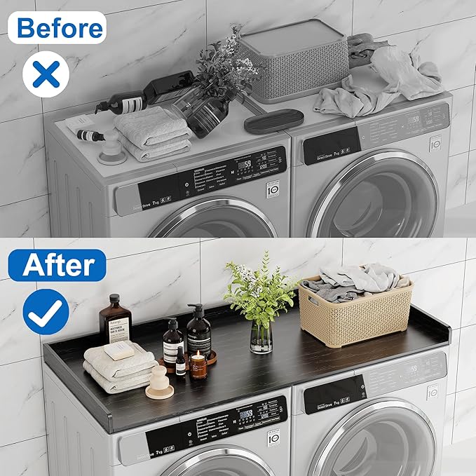 efluky Washer Dryer Countertop, Wood Countertop with Edge Rails for Laundry Room Organization and Storage, Washer Dryer Topper for Laundry Room, 27.5" x 54" Black