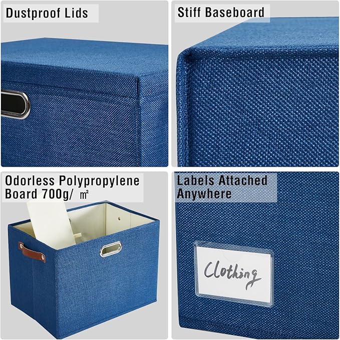 15" Large Collapsible Storage Bins with Lids, Stackable Closet Organizers with PU Handle and Labels, 3-Pack Decorative Fabric Storage Boxes for Home, Bedroom, Closet, Office, Nursery(Navy Blue)