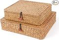 Flat Wicker Shelf Baskets with Lid, Seagrass Woven Basket Boxes for Storage Basket Bins Multipurpose Home Decor Organizer (Natural Set of 2)