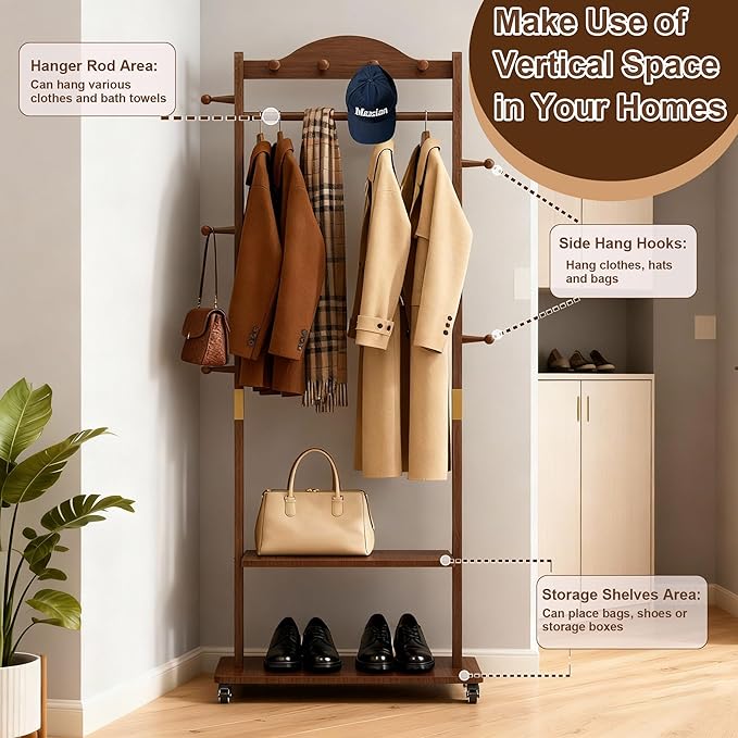 Coat Rack Freestanding Clothing Rack with Wheels - Heavy Duty Clothes Rack with 2 Shelves, Wooden Coat Hanger Stand with 4 Top Hooks & 5 Side Hooks for Entryway Hallway Living Room Office