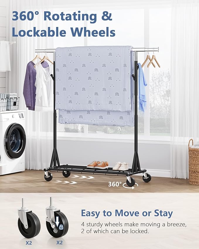 Hoctieon 1-Minute Assembly Clothes Rack, 480 lbs Heavy Duty Rolling Clothing Racks with Wheels, Foldable Garment Rack, Extendable Hanging Bar, Adjustable Metal Pole with Hooks, Black