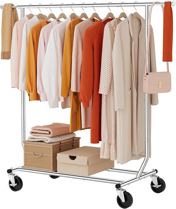 Tajsoon Clothing Rack Heavy Duty Clothes Racks Foldable Garment Rack with Wheels and Extendable Rod, Collapsible Clothing Rack Max Capacity 250lbs, Industrial Rolling Racks with Bottom Shelf, Chrome
