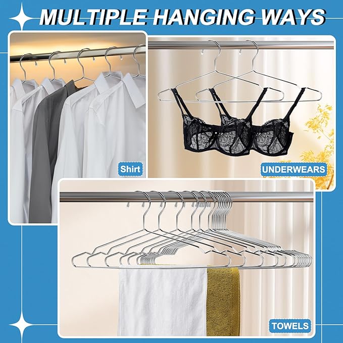 Stainless Steel Silver Metal Coat Hangers with Non Slip Notch - Ultra Thin Space Saving Wire Hangers, 30 Pack (16.5 Inch)