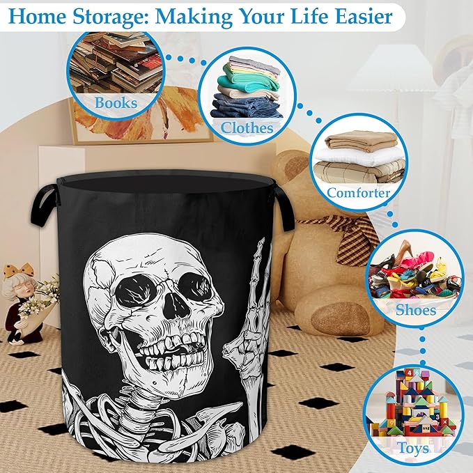 Halloween Skull Laundry Basket Collapsible Laundry Hamper, Oxford Cloth Storage Bin for Room/Bathroom/Bedroom/Dormitories 16" X 20.8"