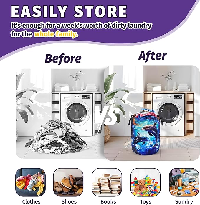 Dolphin Lotus Laundry Basket Ocean Foldable Oxford Cloth With Handle Portable Fish Storage Basket Organizer Suitable For Laundry Room/Living Room/Bedroom/Children'S Room (18.9 X 16.5 Inch)