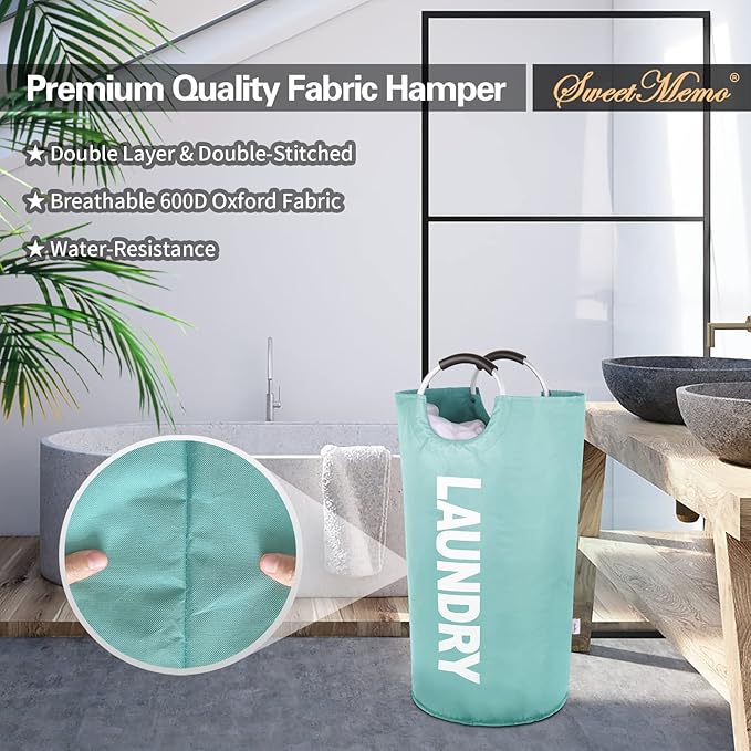 Large Laundry Basket Collapsible，Freestanding Clothes Hamper Bag with Handles – Tall Folding Dirty Laundry Bin，Sturdy Laundry Sorter for College Dorm，Laundry Room – 130L (Light Blue)