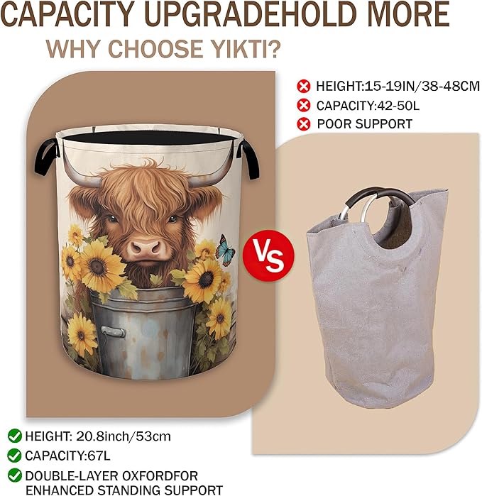 Cute Highland Cow Laundry Hamper,Watercolor Sunflower Collapsible Laundry Baskets,Waterproof Oxford Cloth Laundry Room Organization for Bedroom,Bathroom,Nursery,16x20 Inch