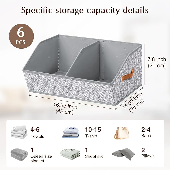 Closet Organizers and Storage Bins - 6 Pack Collapsible Divided Trapezoidal Cube Storage Bins Baskets with Orange Handle for Organizing Clothes Blankets, Toys, Books, Towels(Ant Gray)