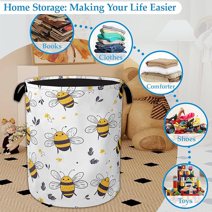 Bee Cartoon Laundry Basket Collapsible Oxford Organizer Basket for Storage Bin Toy Bins Gift Baskets Bedroom Clothes Children Nursery Hamper 16 X 20.8 Inch
