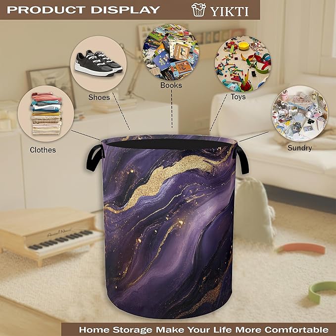 Purple Gold Marble Laundry Hamper,Modern Abstract Collapsible Laundry Baskets,Waterproof Oxford Cloth Laundry Room Organization for Bedroom,Bathroom,Nursery,16x20 Inch