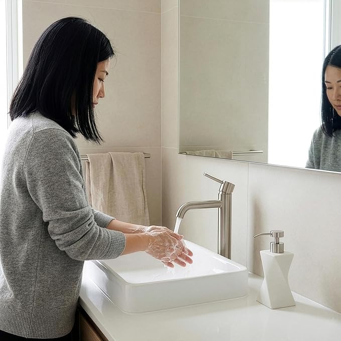 Modern White Hand Soap Dispenser with Stainless Steel Pump for Bathroom Countertop, Dish Soap Dispenser for Kitchen Sink, Contemporary Art Style, Matte Finish, 8.5oz (Arctic White)
