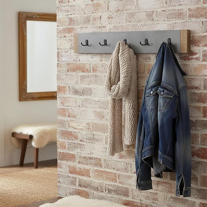 Alaterre Furniture Newport Entryway Collection – 40" Modern Industrial Wall Mounted Coat Rack with 5 Sturdy Hooks, Faux Concrete Panel and Light Amber Wood Trim for Entryway or Mudroom (Gray)