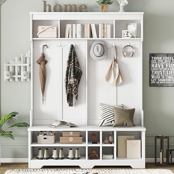60 inch Hall Tree with Bench and Shoe Storage, Shelf, Wood Hall Tree with 6 Hooks/Mudroom Bench with Storage and Hooks, Hall Trees for Entryway, Hallway, Living Room
