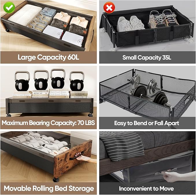 KITHELP Wooden Under Bed Storage with Wheels, Rolling Under the Bed Storage Bins with Removable Lid, Metal Under Bed Drawers for Clothes and Shoes in Bedroom or Living Room(Black Wood-1pack)